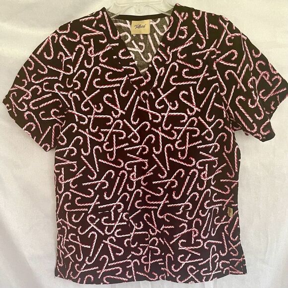 Tafford Womens Scrub Top Candy Canes Christmas Size Medium Black Holiday Stripes - Picture 1 of 9
